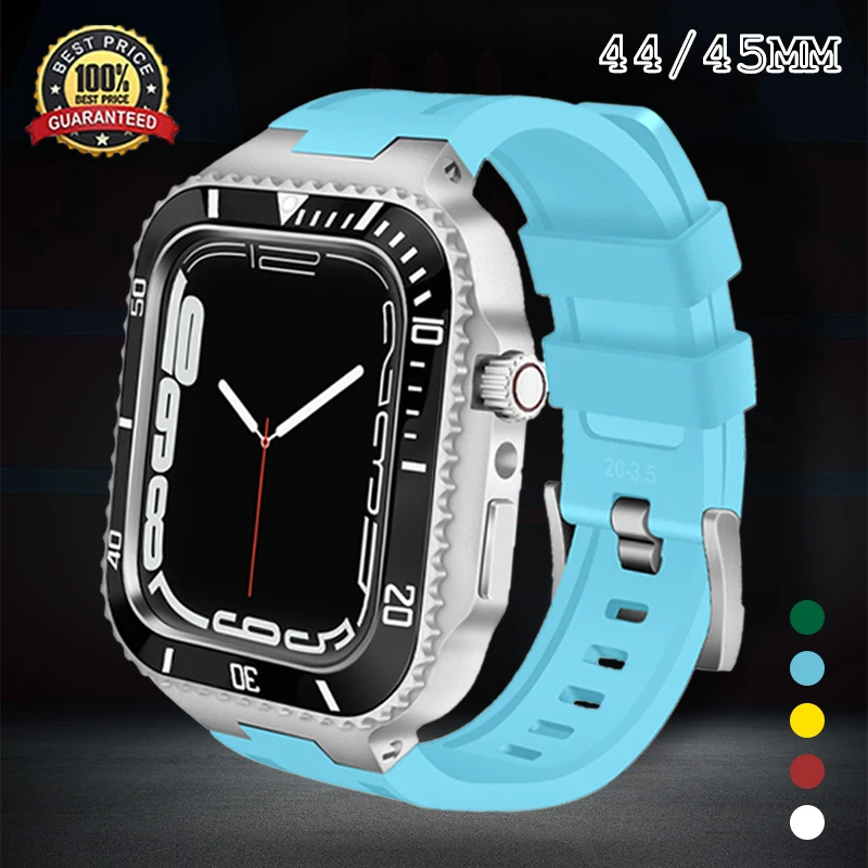 

Luxury Case+Band For Apple Watch 8 7 45mm 44mm Modification Kit Metal Bezel Ceramics Frame Rubber Mod Set For iWatch Series 654