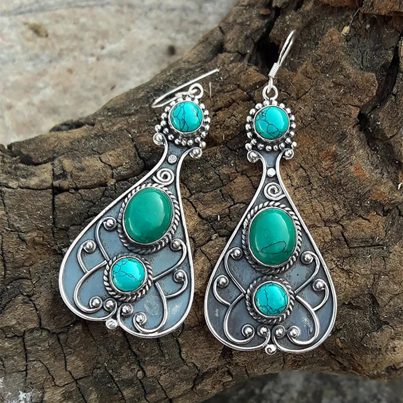

Vintage Boho Waterdrop Metal Hand Carved Textured Earrings Set Green Ston Women's Hook Drop Earrings Jewelry