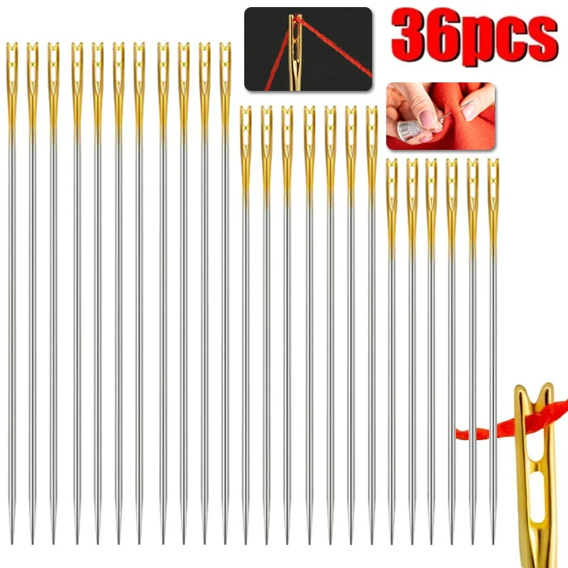 12/24/36pcs Self-threading Sewing Needle Stainless Steel Fast Automatic Threading Needle Pin DIY Punching Needle Threader