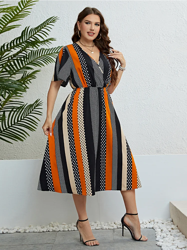 Summer paneled V-neck waist slim dress plus size outfits party dress