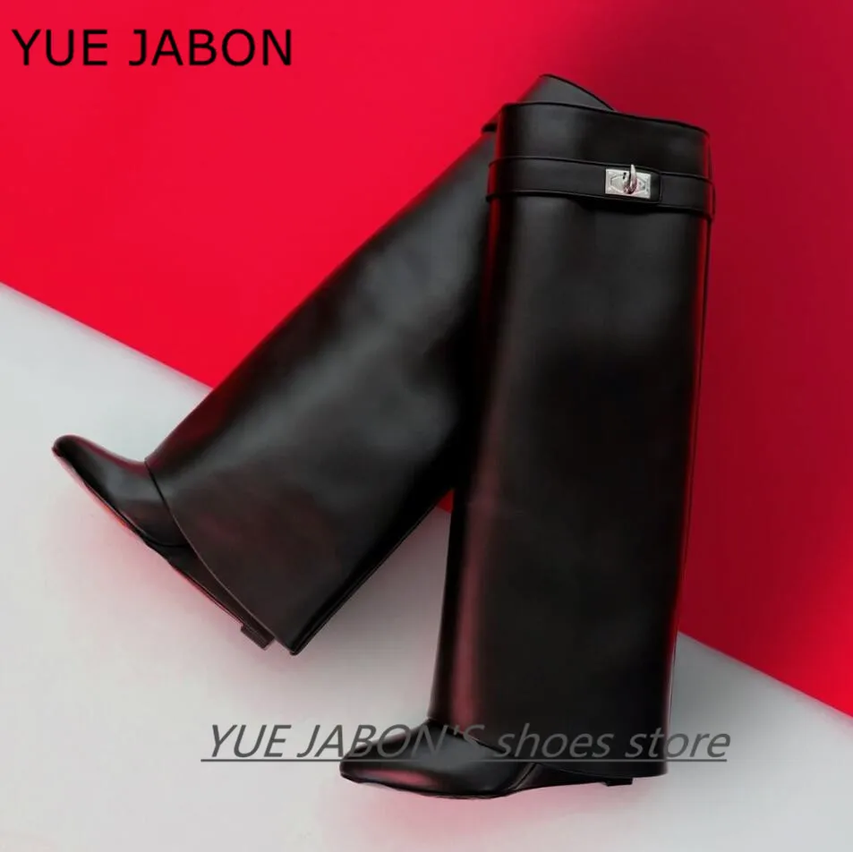 New Silver Shark Lock Women Boots Genuine Leather Knee High Ladies Pointed Toe Fold Heel Wedge Shoes Botas Mujer 2024