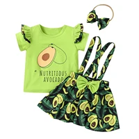 3pcs kids baby girls fresh avocado print outfits short sleeve top bow suspender skirt headband set toddler summer clothing 1 5t