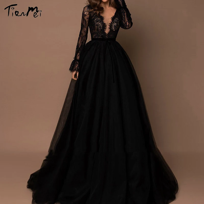 

Elegant Deap V Neak Sexy Long Sleeves Prom Dresses Pleats Black and Pink Tulle Formal Party Gown Vestidos De Fiest