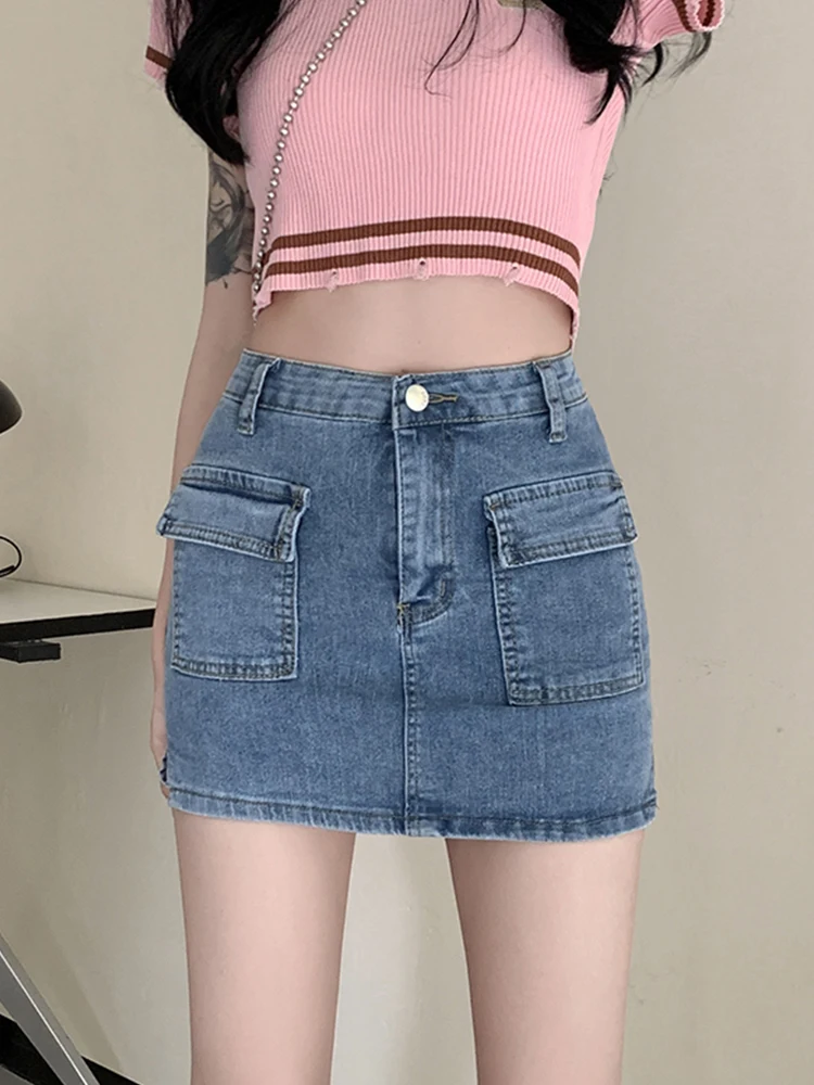 

Ailegogo New Summer Women Vintage High Waist Slim Fit Blue Mini Denim Skirt Streetwear Female Button Pocket A-line Short Skirts
