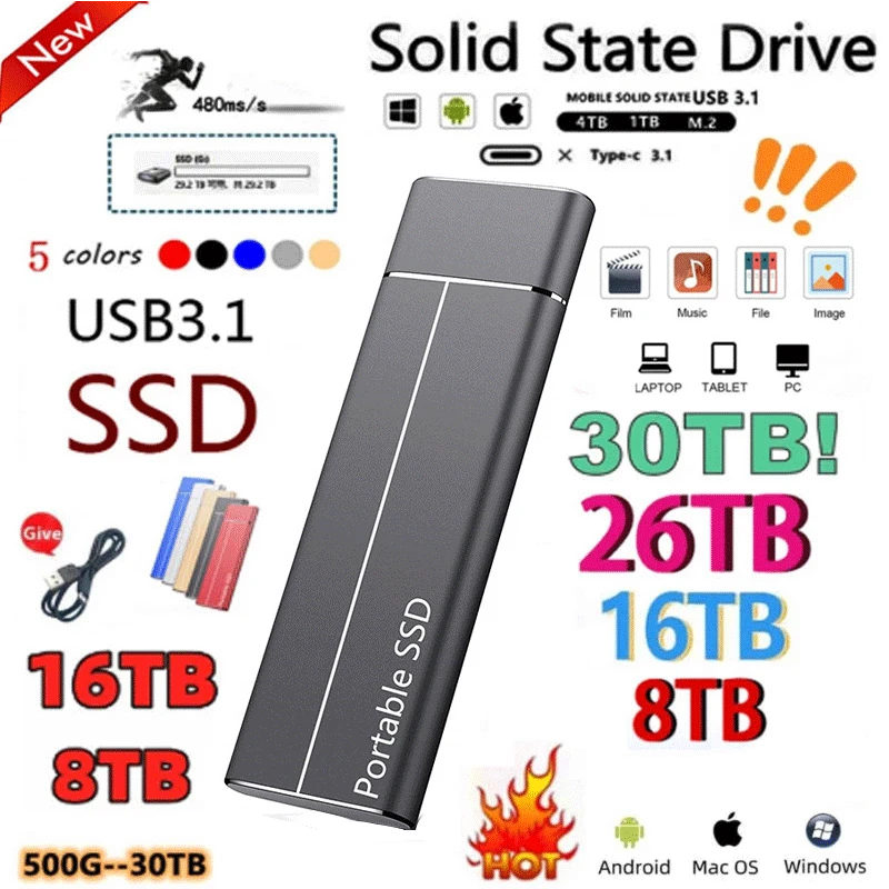 Enlarge 2023 Original High-speed 16TB 4TB 2TB SSD Portable External Solid State Hard Drive USB3.1 Interface Mobile Hard Drive for Laptop
