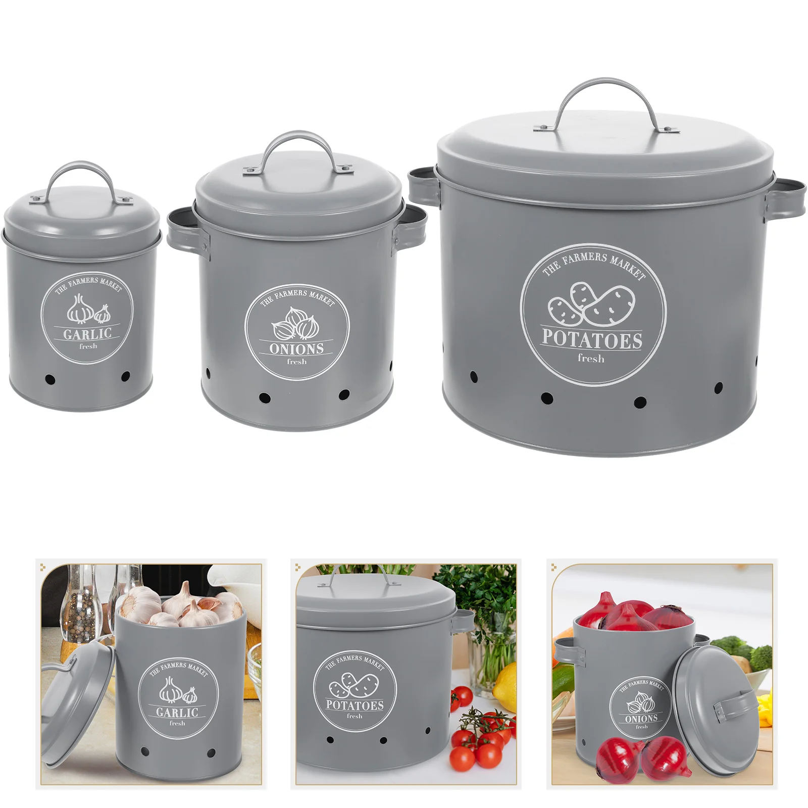 

3 Pcs Potato Bucket Metal Container Lid Household Storage Kitchen Utensil Multipurpose Food Holder Iron Garlic Wrought Gadget