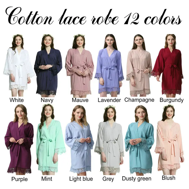 NEW 2019 Solid  Bride  Cotton Kimono Robes with Lace Trim Women Wedding Bridal Robe  Bridesmaid Robe Bride Robe Wedding