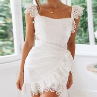 womens fashion 2021 sexy lace slim dress summer fresh style sweet solid color square collar irregular strap mid length dress