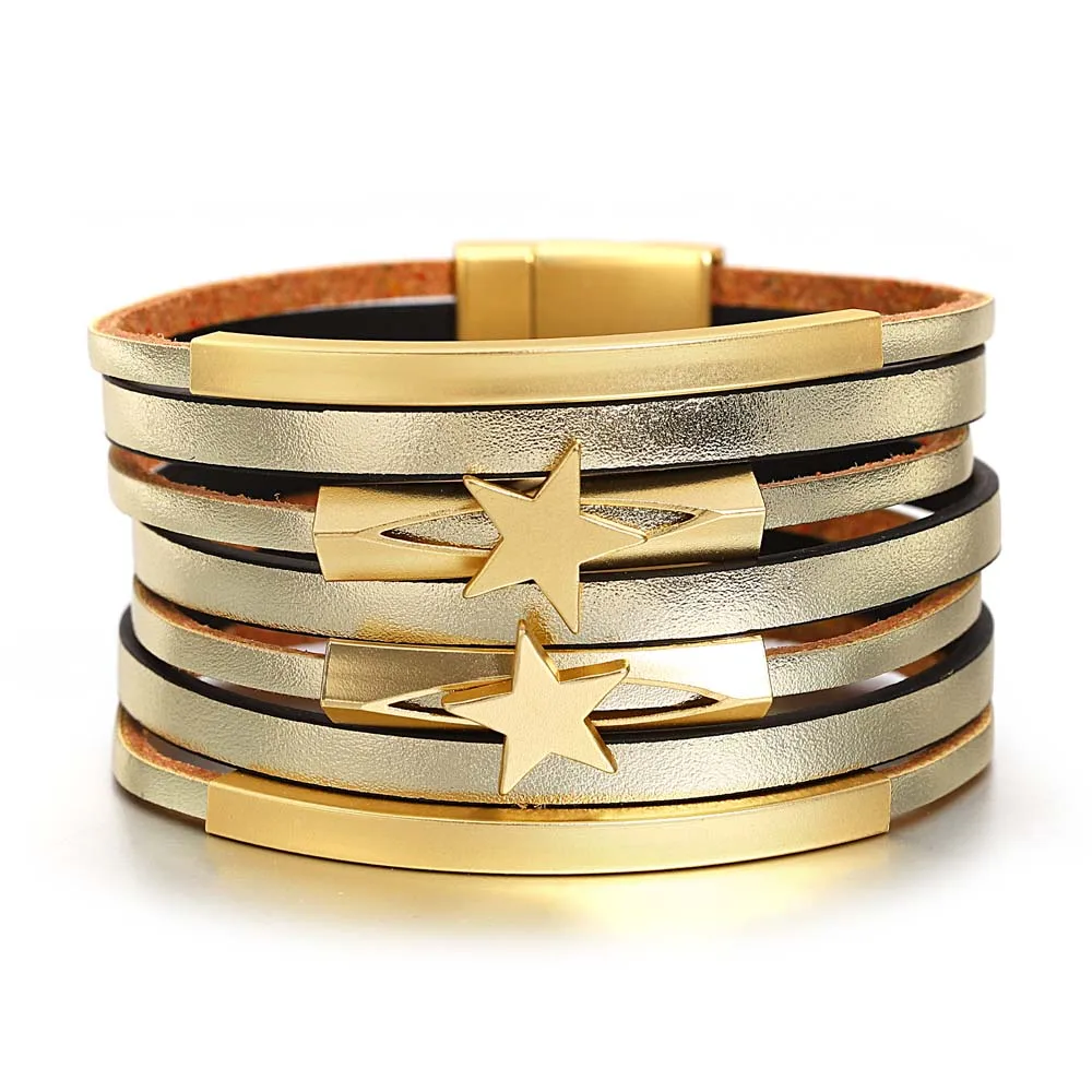

Amorcome Trendy Metal Bar Stars Charm Bracelets for Women Girls Multilayer Leather Wrap Wide Bracelet Magnetic Clasp Jewelry