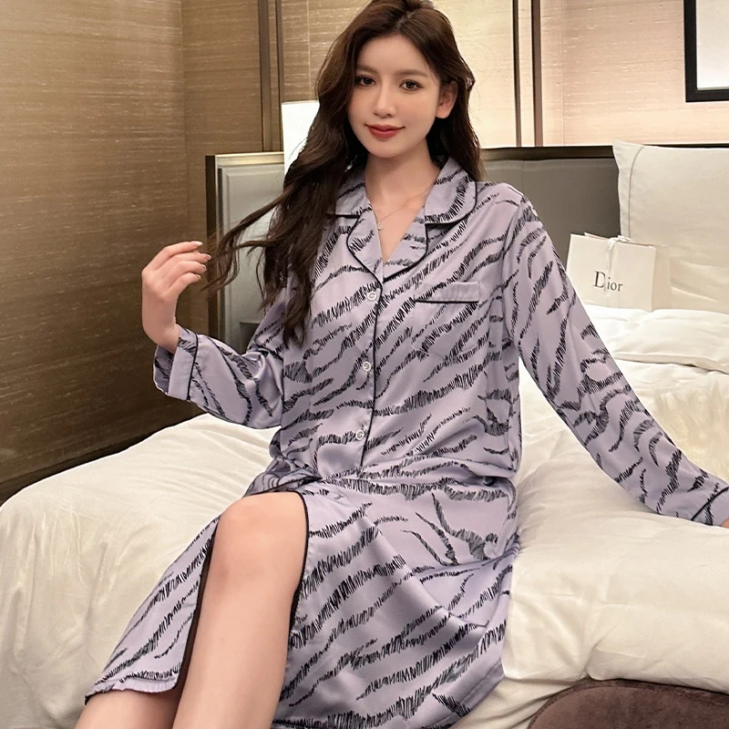 

2023 Summer Plus Size Long Sleeve Sexy Silk Satin Print Nightgowns for Women Korean Cute Sleepwear Nightdress Night Dress Nighty