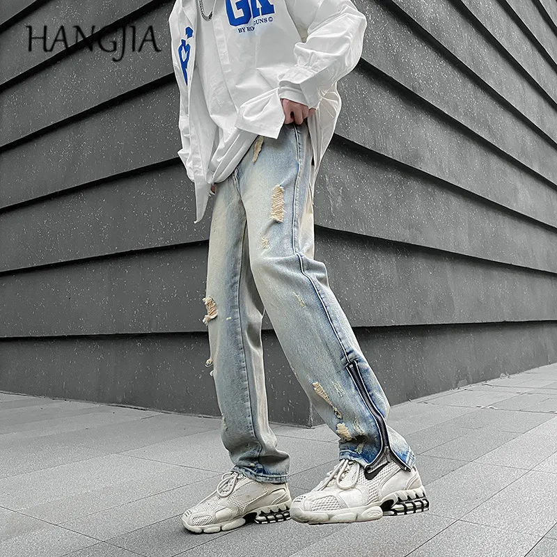 

Vibe Distressed Skinny Jeans Streetwear Men Ankle Zipper Slit Jeans Pants Design Sense Niche Slim Fit Micro-slung Jeans Men's