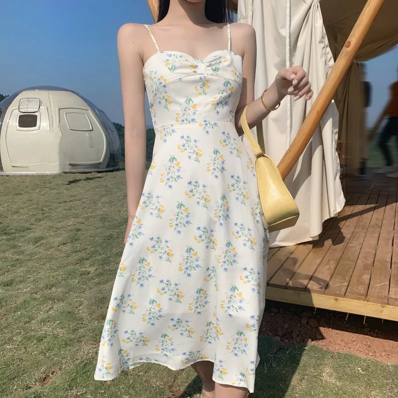 

Cottagecore Floral Dress Women Sweet Sleeveless Mid-Calf Length Square Collar Slip Dresses 2021 Summer New Fashion Streetwear