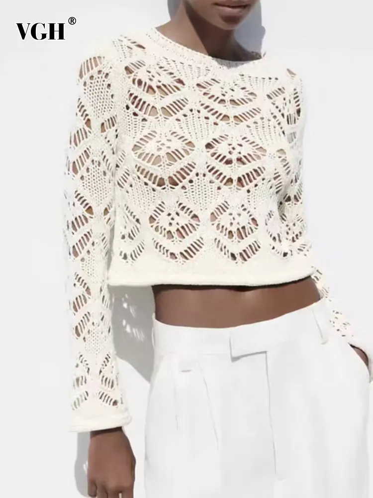 

VGH knitting solid sweater for women round neck long sleeve hollow out short loose casual sweaters female fashion style clothing