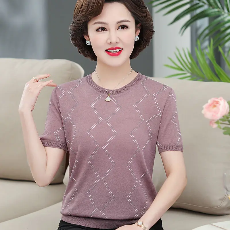 

Women 2022 Summer Fashion Short-sleeved Casual T-shirt Female Middle-aged Printed Tops Ladies Ice Silk Thin Knitted Tees Q209