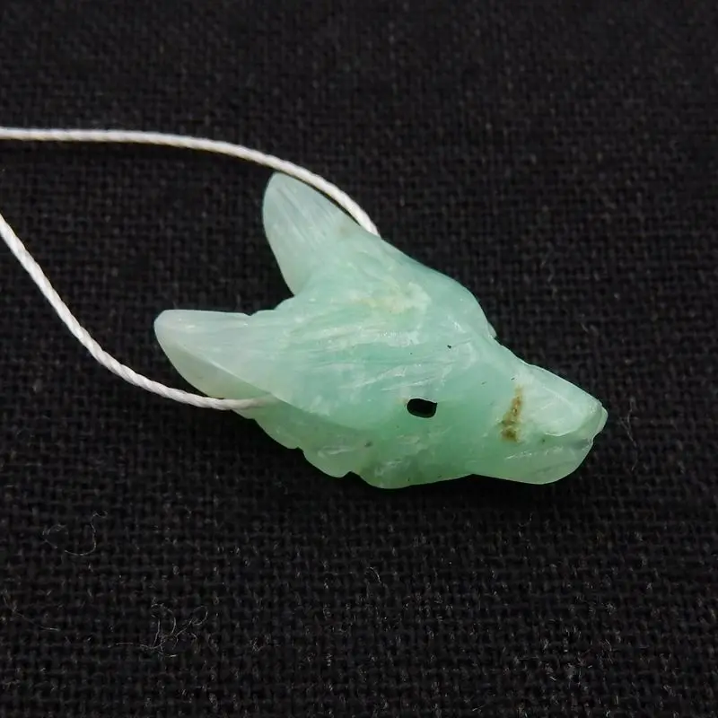 Natural Stone Chrysoprase Handcarved Wolf Head Side Drilled Animal Necklace Pendant Bead 24x14x9mm 3g