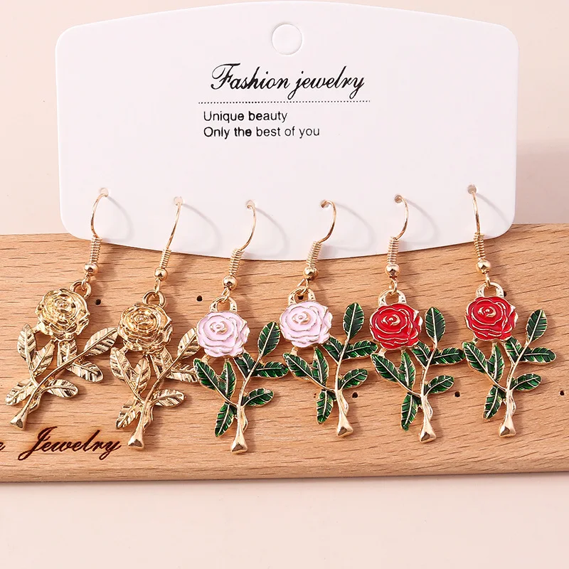 

3 Pair Rose Flower Earrings Handmade Unique Fashion Interesting Girl Women DIY Jewelry Accessories Pendant Gift