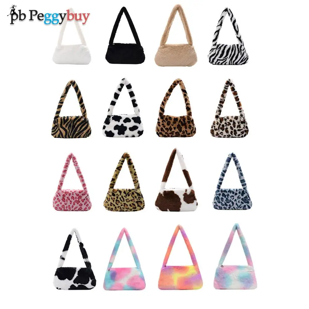 INS Fashion Plush Shoulder Top-handle Bag for Women Animal  Leopard Zebra Pattern Cow Print Mini Underarm Purse Fluffy Tote Bags