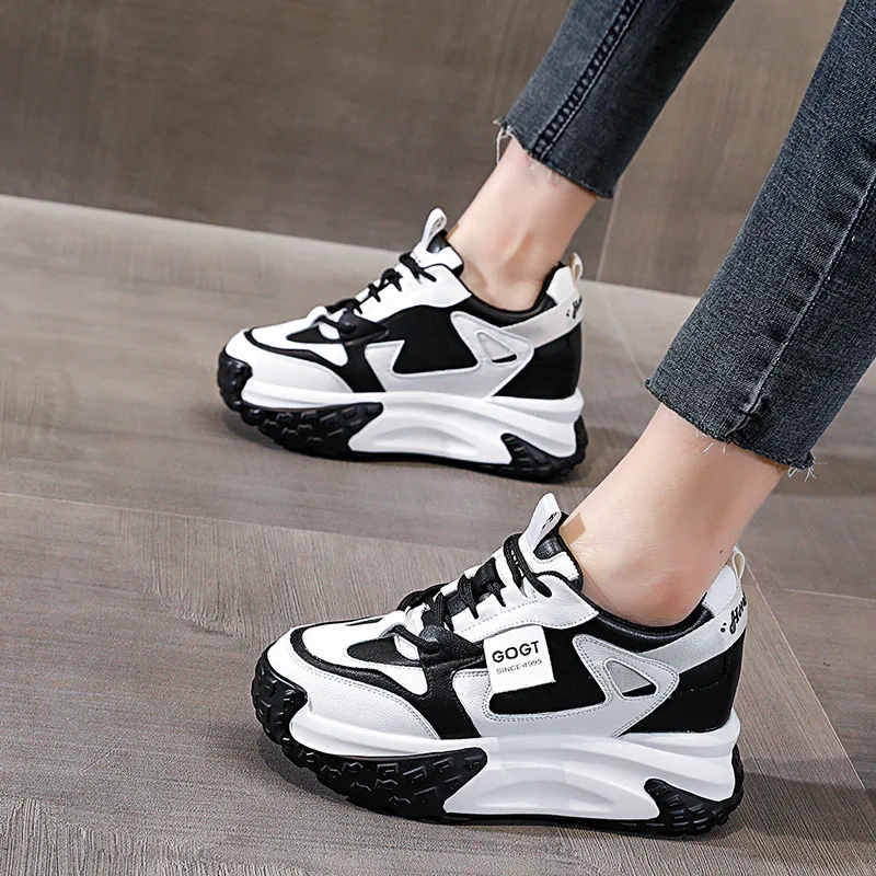 

7cm Cow Genuine Leather Vulcanize Platform Wedge Sneakers Chunky Hidden Heel Mixed Color Women Casual Autumn Spring Shoes