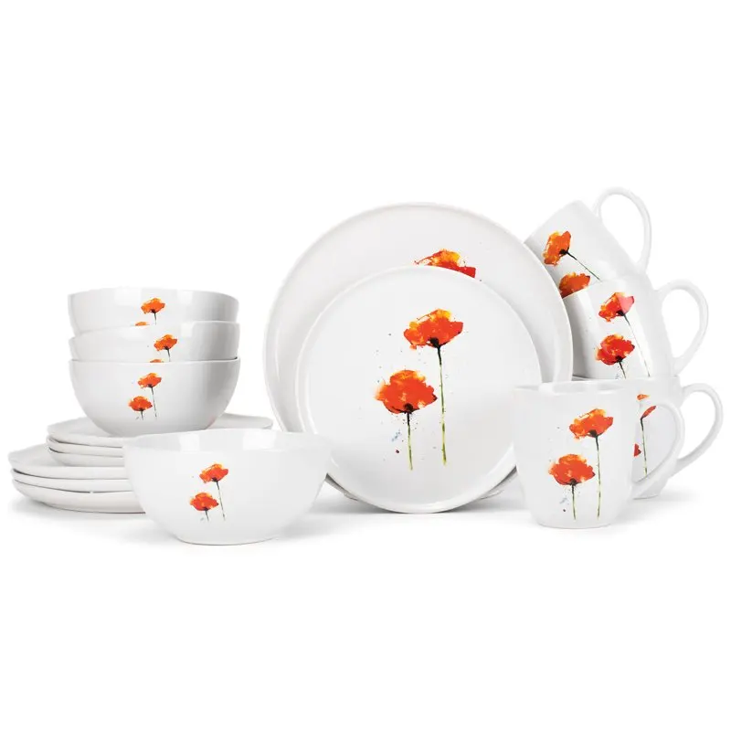 

Crouser Watercolor Ceramic Dinnerware 16 Piece Set - Service for 4, Poppies