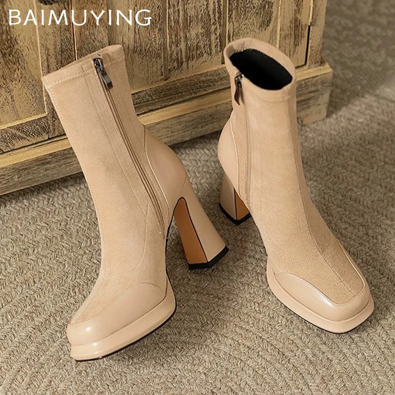 Женские ботильоны на высоком каблуке замшевые элегантные туфли с квадратным