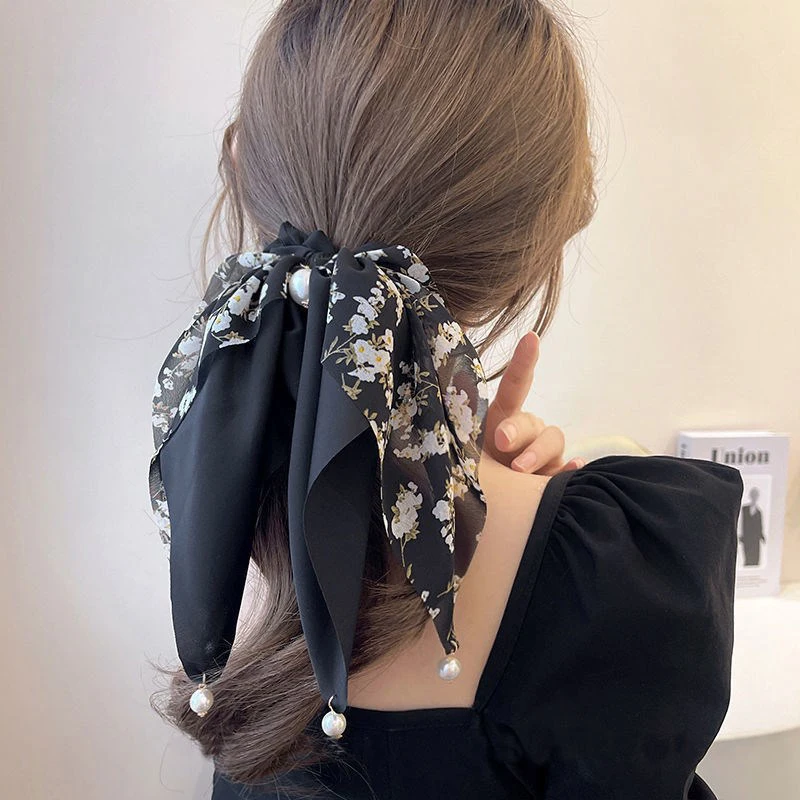 

Handmade Elegant Floral Big Bowknot Scrunchies Pearl Pendant Large Bow Hair Rope Knotted Elastic Hair Band Hair Accessories