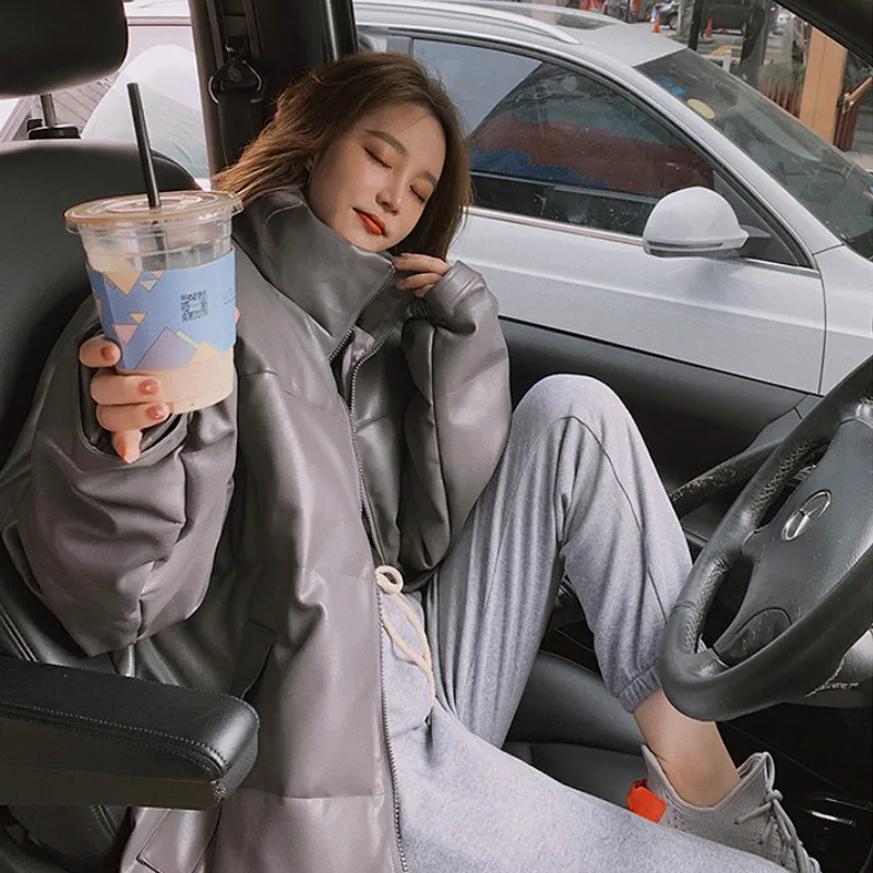 Women's Down Jacket 2022 Winter Red Winter Coat Ladies PU Leather Down Feminino Loose Casual Loose Blak Outwear Woman Jacket