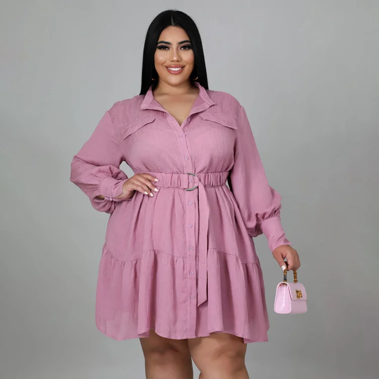 

Cutubly Dresses Womens Cardigan Lapel Shirt Dress Skirt With Belt Elegant Midi Vestidos Clothing Long Sleeve Street Club Pink