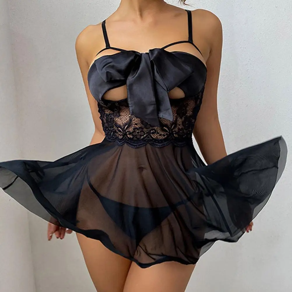

Patchwork 2Pcs/Set Pretty Bowknot Decor Dress Thong Set Comfortable Dress Thong Set Perspective for Wedding Night