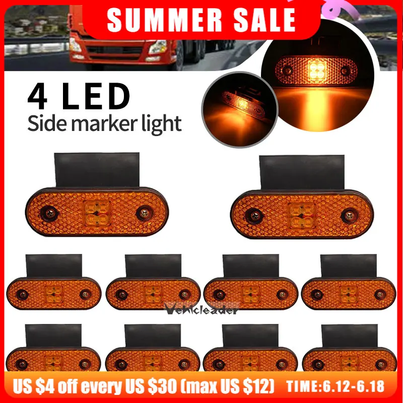 

10Pcs 24V 4LED Amber/Red/White Truck Side Marker Light Bracket Rear Clearance Lamp For Pickup Trailer Caravan Bus Boat RV Lorry