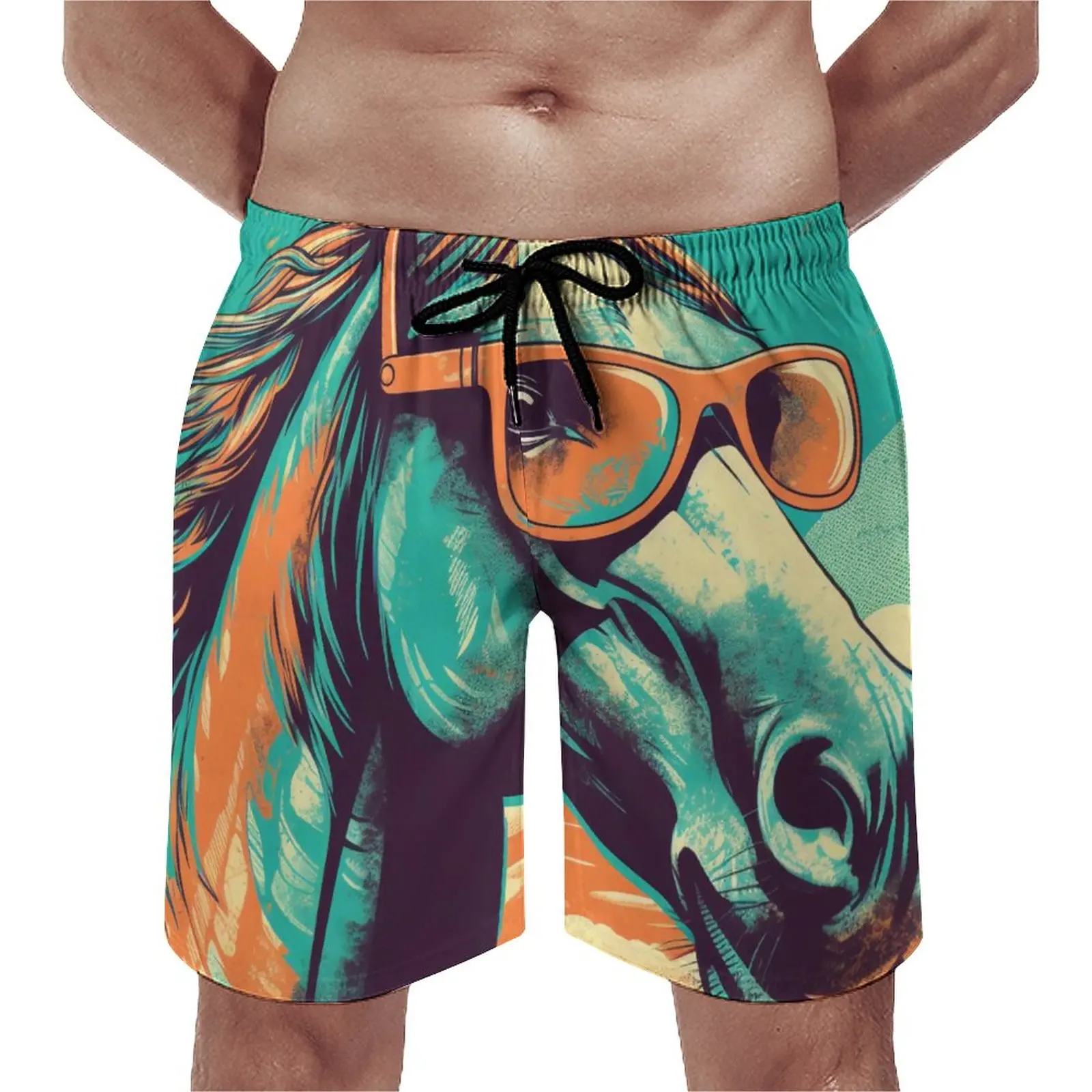 

Horse Board Shorts Graphic Illustration Sunny Sunglasses Cute Beach Shorts Men Print Sports Fitness Fast Dry Beach Trunks Gift