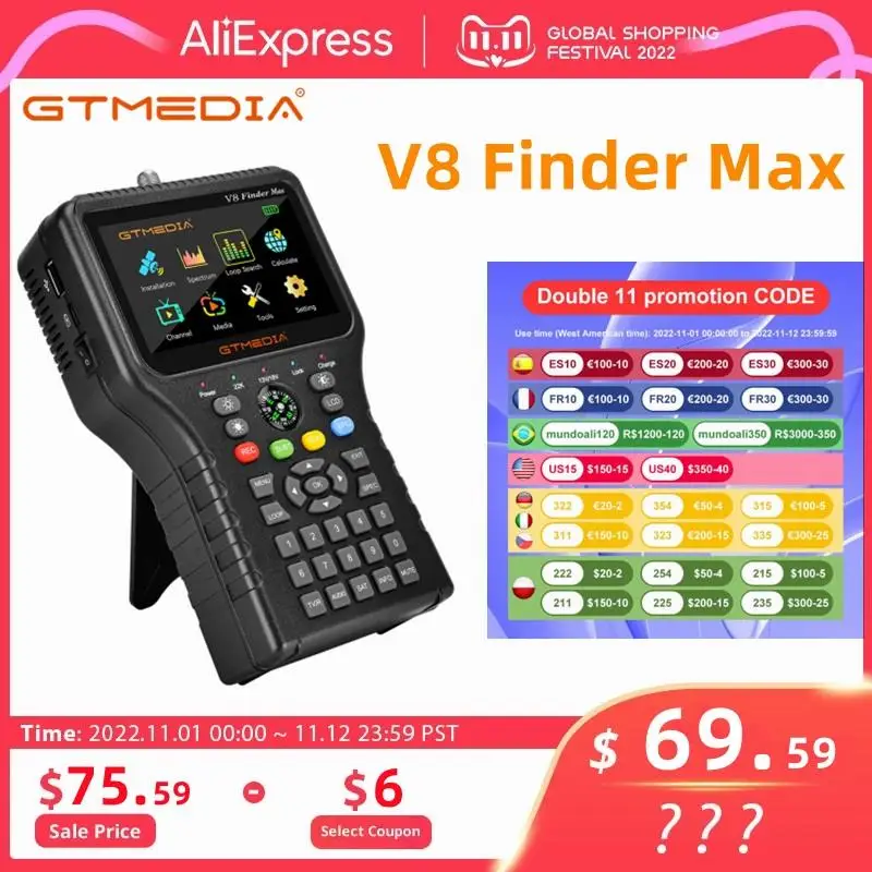 

Спутниковый индикатор GTMEDIA V8 Finder Max, устройство для поиска спутниковых сигналов DVB-S/S2/S2X H.264/H.265 (8 бит), 4,3 дюйма, HD, официальные аксессуары