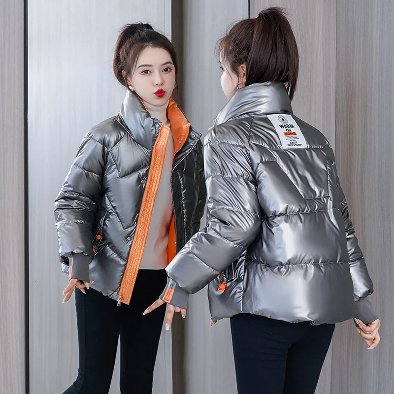 Winter Jacket Women 2022 New Glossy Long Sleeves Casual Thick Warm Zipper Female Clothing Coat Cotton Padded Parkas Outwear Tops