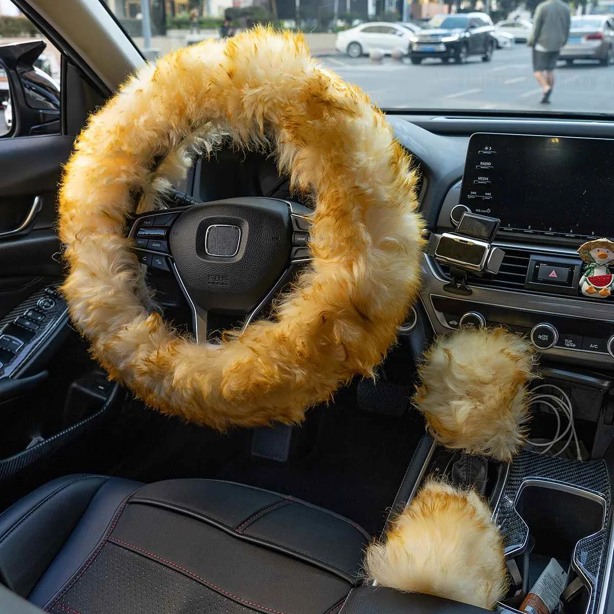 3pcs 38cm Soft Winter Long Plush Warm Car Steering Wheel Cover Furry Handle Sleeves Woolen Handbrake Auto Car Accessories