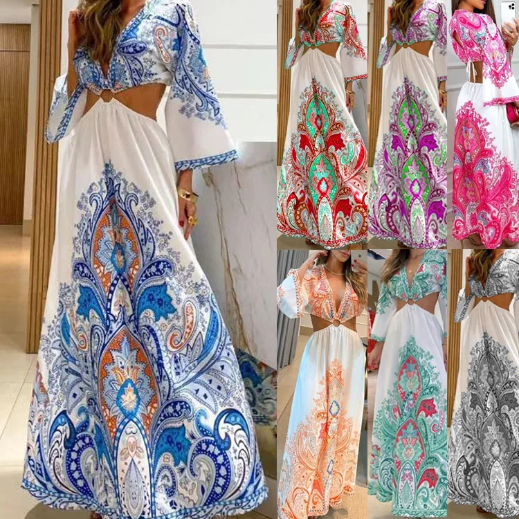 

Женское длинное платье в богемном стиле, платье в европейском и американском стиле с глубоким V-образным вырезом и принтом на спине, лето 2023