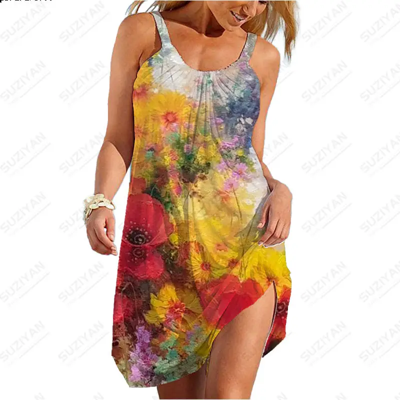 

Женское пляжное платье с цветочным принтом, свободный богемный сарафан на бретельках без рукавов с мультяшным принтом, Новинка лета 2023