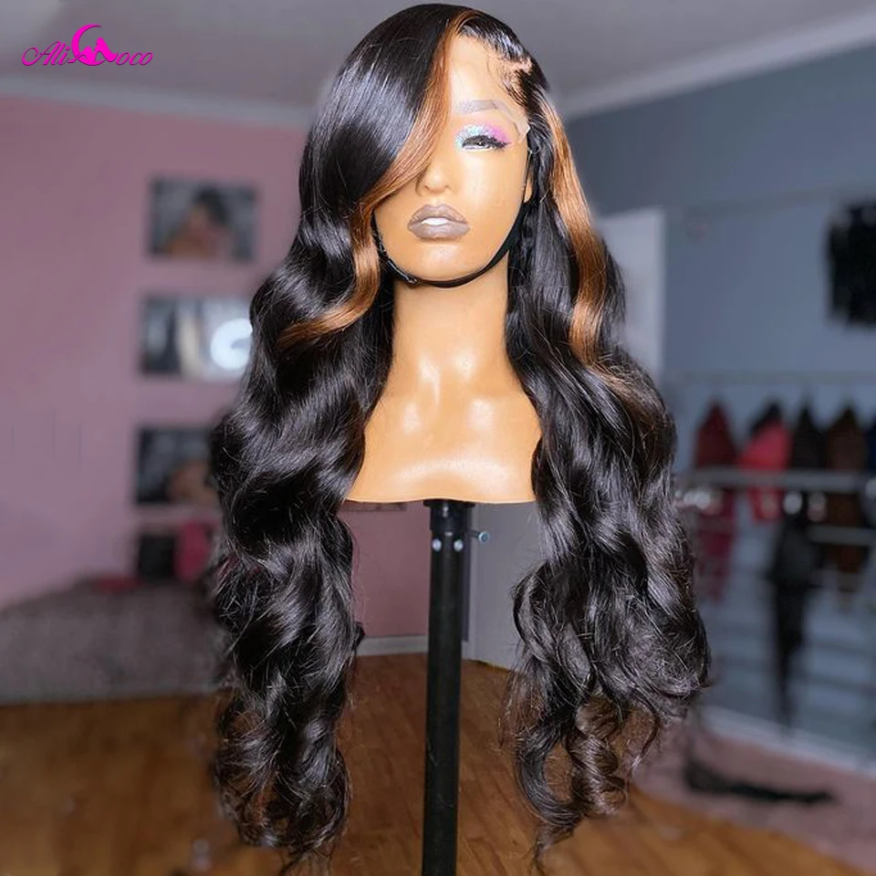 

Highlight Brown Lace Frontal Human Hair Wig For Women 30 Inch Body Wig 180 Density Transparent Lace Remy Human Hair Wigs