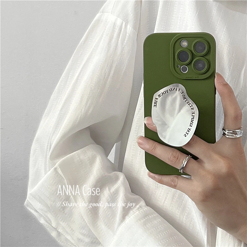 

Olive green Phone Case With Mirror Phone Holder For iPhone14Promax X XR Xs Max 11 12 13 Pro max Lens protection Shockproof Cover