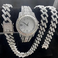 3pcs mens women jewelry set iced out watch necklace bracelet 15mm bling bling diamond miama cuban link chain big gold chains