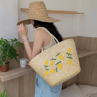 embroidered lemon straw basket bag paper woven women handbags handmade summer beach shoulder bags casual large shopper bags sac