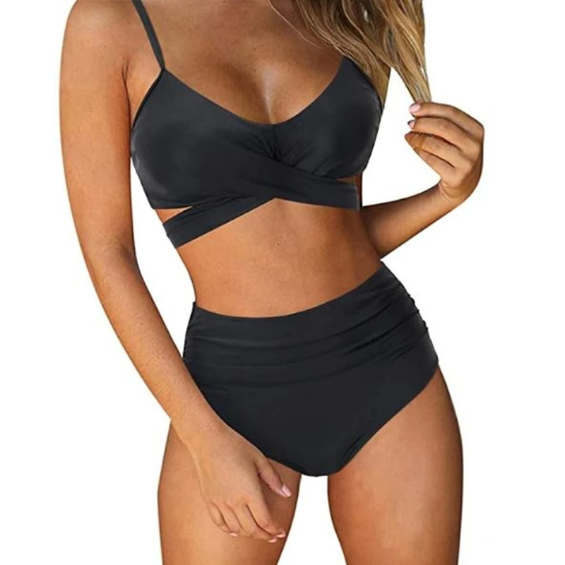 

Женский пикантный комплект бикини из 2 предметов, купальник с перекрестными оборками и завязками на спине, купальник с высокой талией и град...