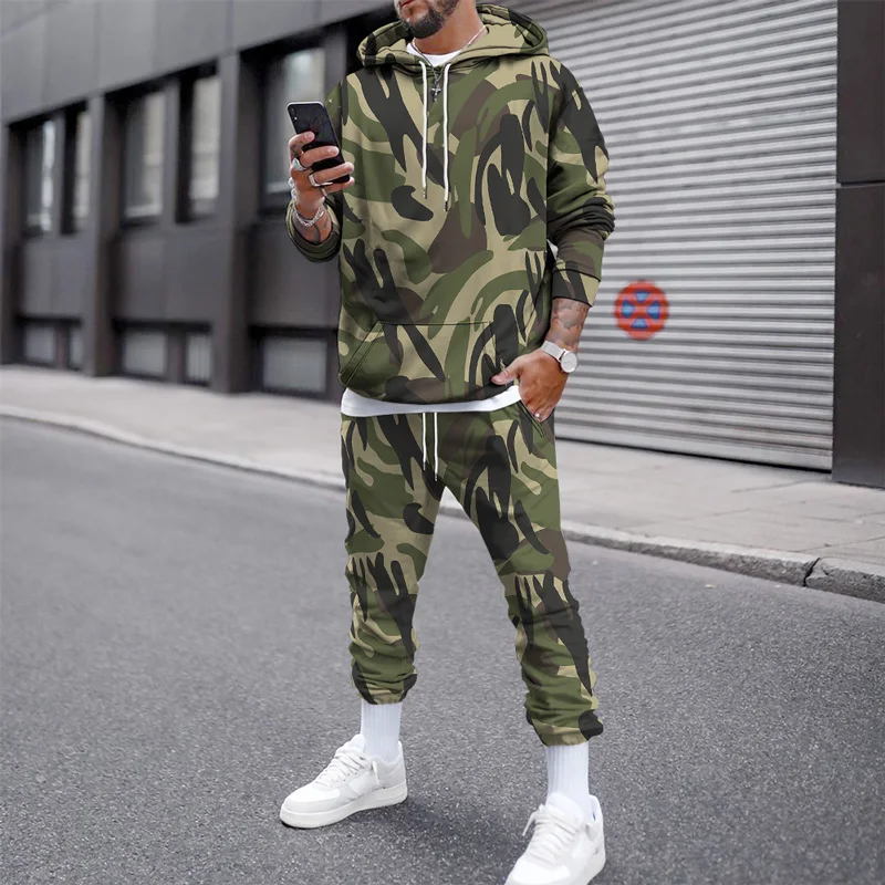 Autumn Winter Outfit Men Tracksuit Hoodie Sets Camouflage Clothing Tactical Sweatshirts Pants 2Piece Oversized Hooded Sport Suit