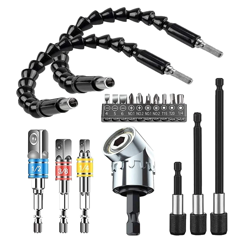 

Flexible Drill Bit Extension Set , Hex Shank 105°Right Angle Drill Bit Attachment, Universal Socket Adapter Set