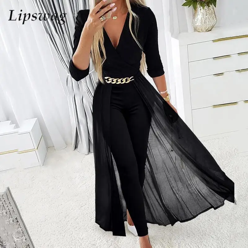 

Fashion Black Waist Long Tight Pants Jumpsuit Elegant V Neck Mesh Cloak Hem Bodysuit Women Long Sleeve Slim Pencil Pants Romper