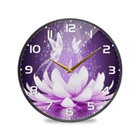 purple flower print modern acrylic wall clock round silent non ticking hanging watch for living room bedroom kitchen home decor
