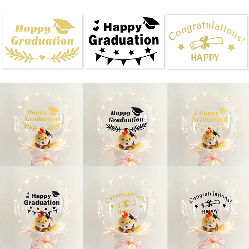 

5pcs Gold Black Happy Graduation Sticker Transparent Bobo Bubble Balloons Sticker Congratulations Graduation Event Party Decor