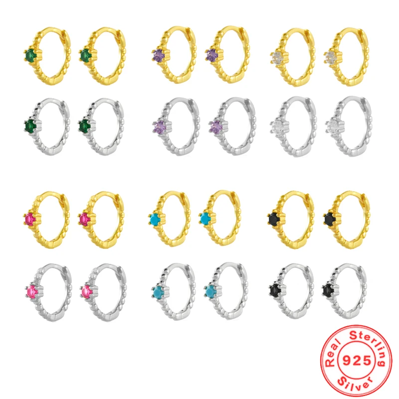 

925 Sterling Silver 8mm Small Hoop Earrings for Women White/Purple/Black/Rose Red /Turquoise Zircon CZ Mini Fine Round Earrings