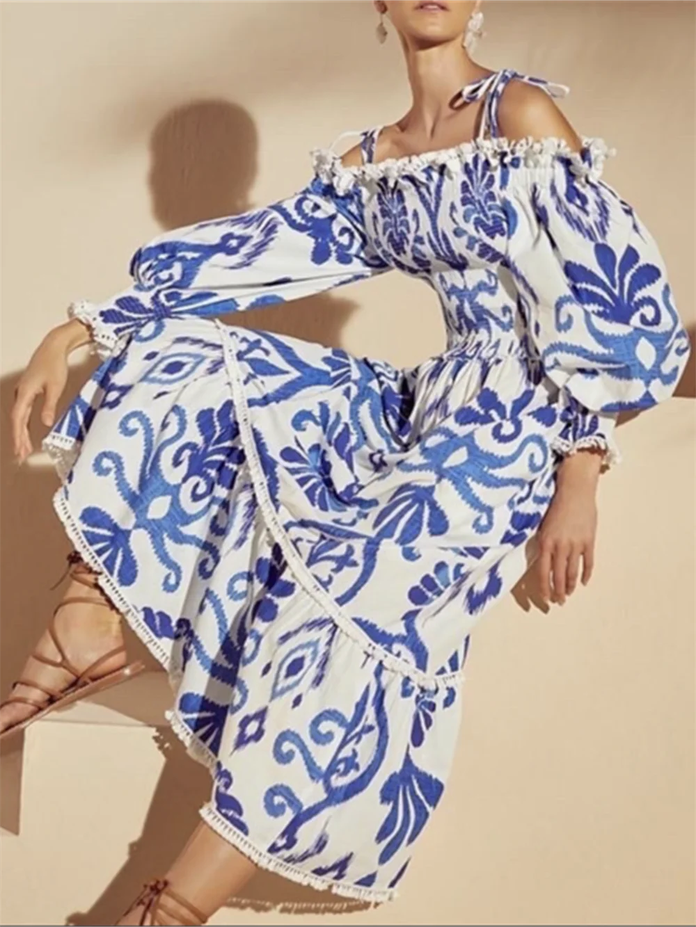 

BubbleKiss Autumn Long Dress Women Fashion One Word Shoulder Frenulum Patchwork Elegant Dress Women Casual Bohemian Vacation
