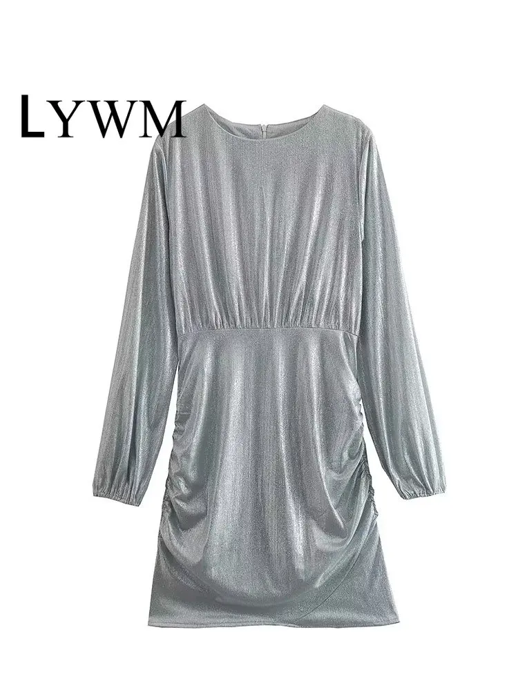 

LYWM Women Fashion Silvery Folds Mini Dress Vintage O-Neck Back Zipper Long Sleeves Female Chic Lady Dresses