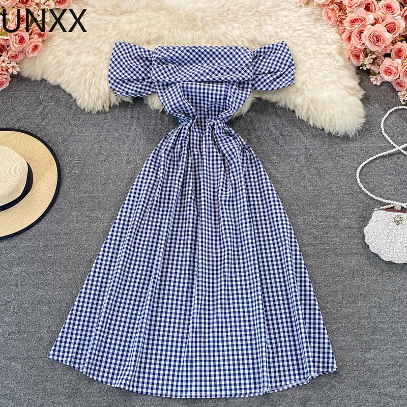 

UNXX Plaid Dress Women Mori Sweet Off The Shoulder Tube Top 2022 Summer French Japan Bellflower Dresses Vestidos Robe Female