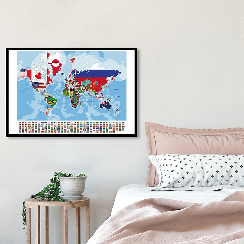 

84*59cm The World Map with National Flags Decorative Canvas Painting Wall Art Poster Classroom Home Decor School Supplies